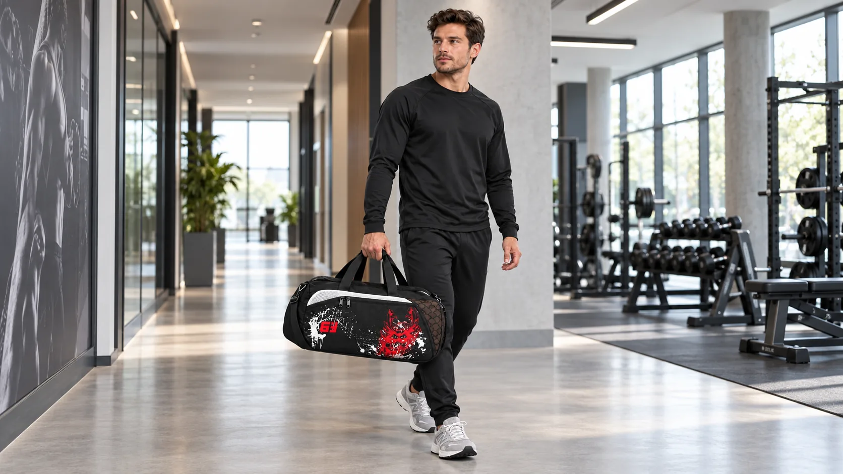 Спортсмен несёт сумку 6F Ryoku в спортивный зал